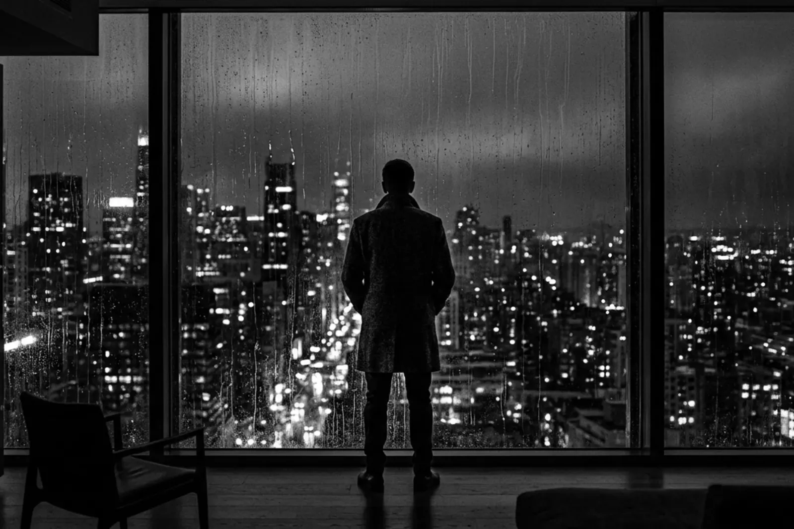 Un hombre ante una ventana sobre una ciudad de noche